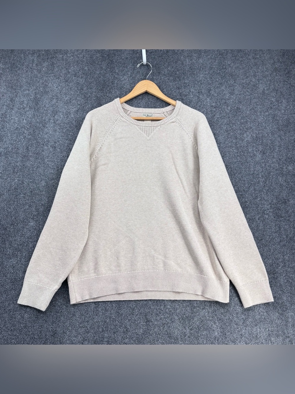 LL Bean Wicked Soft Cotton & Cashmere Beige Minimalist Crew Neck Sweater Men’s L